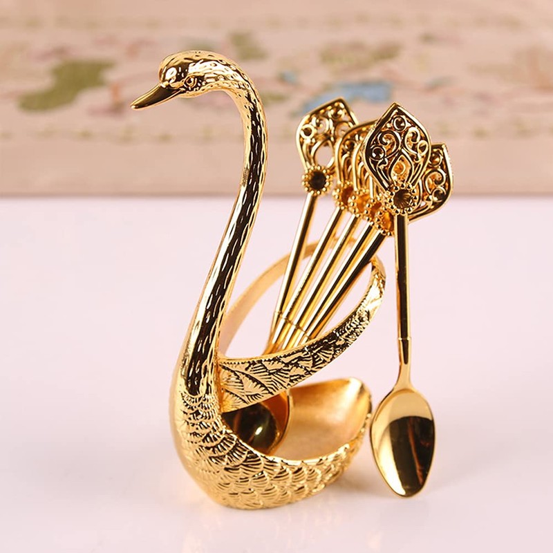 4.8 in Coffee Spoon Set With Holder, Swan Spoon And