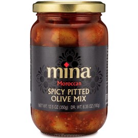 Mina Spicy Pitted Olive Mix, 12.5 oz – Premium Handpicked Moroccan Olives with Red Chili Pepper Harissa, Keto Friendly Spicy Olives, Low Carb, Vegan, Gluten Free Healthy Snacks