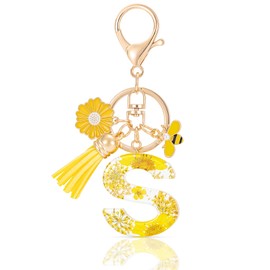 MWOOT Initial Letter S Keychain Resin Alphabet Keyrings,Yellow Petals Gold Foil Key Ring Charm with Daisy Bee Tassel Pendant,Key Chain for Women's Gift Ideas Wallet Purse Bag Handbag Decor(S), 1