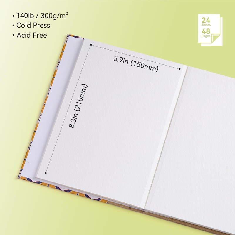 Arrtx 水彩スケッチブック A5サイズ 約21x15cm 綿100% コールドプレス 中目 300gsm 無酸性 24枚