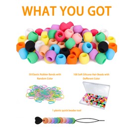 Rubierine 100pcs Silicone Hair Beads for Kids Girls, 5mm Silicone beads for hair with 50 Elastic Rubber Bands, 1 Plastic Quick Beader and 1 container, Soft silicone beads for Kids, Teens. (10 Colors)