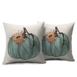 Fall Pillow Covers 18x18 Set of 2 Aqua Blue Pumpkin Sunflower Thanksgiving Harvest Print Outdoor Decorative Throw Pillows Farmhouse Pillowcases Autumn Cushion Case Decor for Home Sofa Couch Bed