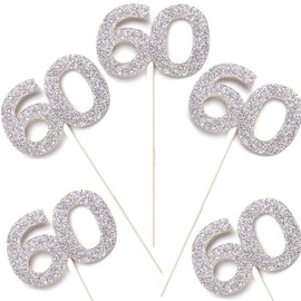 24 PCS 60th Cupcake Toppers - Anniversary or Birthday Cupcake Picks Party Decoration Supplies | Silver 60th