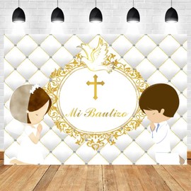 ASDCXZ 7x5ft Mi Bautizo Backdrop Baptism God Bless First Holy Communion Photography Background Gold Cross Peace Dove Newborn Baby Shower Banner Decorations Boy Girl Portrait Photo Booth Prop