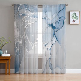 Blue Marble Sheer Curtains 63 Inch Length 2 Panels Set for Living Room/Bedroom, Blue Grey Stripes Marble Texture Nature Tone Semi Curtain Sheers Drapes Rod Pocket Curtains Window Treatment Set