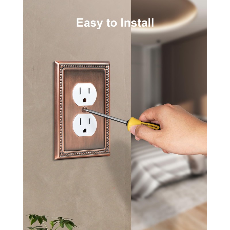 TREEWELL 6-Pack Duplex Outlet Cover Plate, Antique Copper Metal Wall