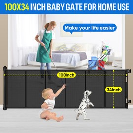 34X100” Extra Wide Safety Retractable Baby Gate, Extra Wide Safety Kids or Pets Gate, 34” Tall, Extends to 100” Extra Wide, Built-in Reinforce Strip Mesh Safety Dog Gate for Stairs (34”X100”, Black)