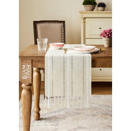 YZJZEDS Hemstitched Farmhouse Table Runner, Beige 13x60 Inch, Cotton Linen Table Runners 60 Inches Long, Embroidered Striped Beige Boho Table Runner Rustic Home Decor