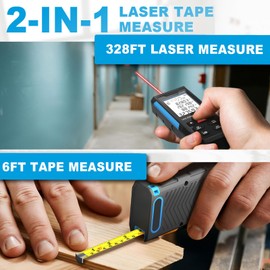 2-in-1 Laser Tape Measure 328ft Digital Laser Measure & 6.56ft Tape Measure Rechargeable Electric Angle Sensor 6 Units Selectable, Distance/Area/Volume/Pythagorean Laser Measuring Tools