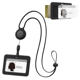 BONE Portacredenciales retráctil con cordón - Portacredenciales con funda delgada, gran capacidad, ranura para varias tarjetas, correa de cordón intercambiable - Horiz-Negro