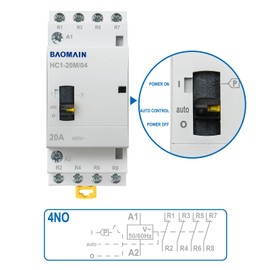 Baomain Manual Household AC Contactor 110VAC 20A 4 Pole 4NO 50/60Hz Modular Contactor Circuit Manual/Automatic Control 35mm DIN Rail HC1-20M/40 (20 Amp.)