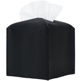 LeCorner Tissue Box Cover, Square PU Leather Tissue Box Holder, Modern Tissue Holder with Bottom Belt, Decorative Facial Paper Organizer for Office, Car, Bathroom, Home Decor (Classic Black)