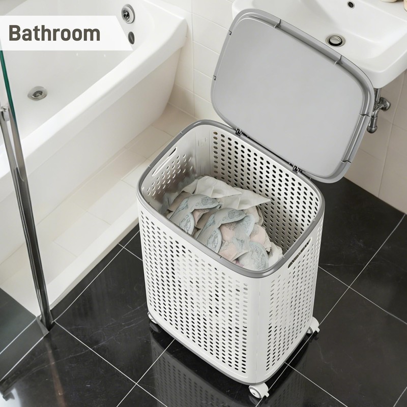 Laundry Basket with Wheels & Lid, Rolling Clothes Hamper with
