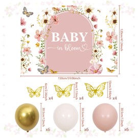 Wildflower Baby in Bloom Backdrop Banner Baby Shower Decorations for Girl Pink Floral Baby in Bloom Baby Shower Balloons 3D Butterfly Decor Party Supplies