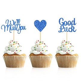 Donoter 24 Pieces Blue Glitter We Will Miss You Cupcake Toppers Good Luck Heart Cake Picks for Going Away Party Table Decorations
