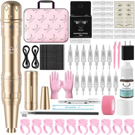 Kit De Máquina De Tatuaje Para Maquillaje Permanente De Cejas Con 15 Agujas De Cartucho Para Microblading (Dorado)
