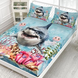 AILONEN Shark Fitted Sheet Sets Twin XL Size,3D Printed Ocean Shark Bed Sheet Set,Sea Animal Sea Wave Cartoon Sheet Set 3 Pieces, 1 Fitted Sheet and 2 Pillowcases