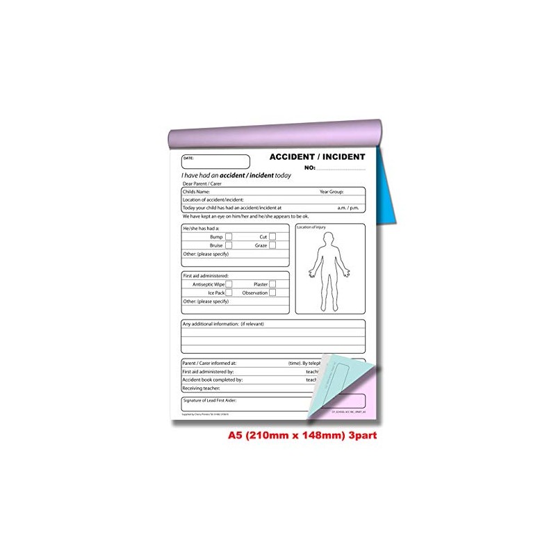 Cherry Carbonless NCR School Accident/Incident Triplicate Book A5 50 Sets