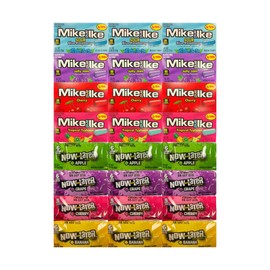 Assorted Candy Mix 24 Pack – 4 Mike and Ike, 4 Now and Later Flavors, 3 Each – Bulk Fruity Chewy Candy Variety for Parties, Snacking, Sharing – Includes Blue Gift Bags 5.25x3.2x8 Inch