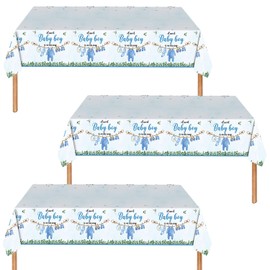 COWISARY 3Pcs Boy Baby Shower Decorations, Baby Shower Tablecloth Large Size Rectangle Disposable Blue Table Cloths 54 x 108 Inch