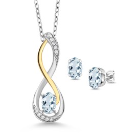 Gem Stone King 925 Sterling Silver and 10K Yellow Gold Sky Blue Aquamarine and White G-H Lab Grown Diamond Infinity Pendant and Earrings Jewelry Set For Women (1.57 Cttw, with 18 Inch Chain)