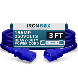 IronBox Electric - Heavy-Duty C14 to C13 Power Cord, 15A, 250V, 14/3 AWG Computer Extension Cable - Server Rack & PDU Power Cables for PC Adapter, Monitor Cable Extender (Blue 3 Foot)
