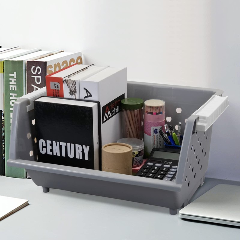 Utiao 3 Pack Gray Large Stacking Basket Bin, Open Front