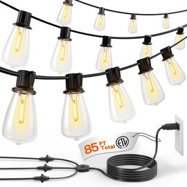 addlon 1-to-3 Extension Cord String Lights - 85FT Total (3x25FT String Lights + 10FT), 39 ST38 LED Vintage Bulbs, Single Plug for Easy Setup, Outdoor Christmas Lights for House Backyard Garden