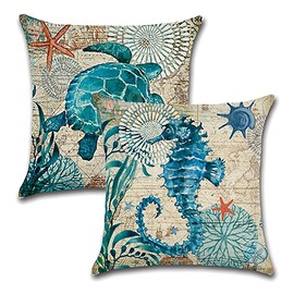 7COLORROOM 2Pack Beach/Coastal Throw Pillow Covers Sea Turtle/Sea Horse Cushion Cover Sea Theme Decorative Cotton Linen Pillowcases 20" x 20"，for Sofa,Patio,Bedroom(Multi')
