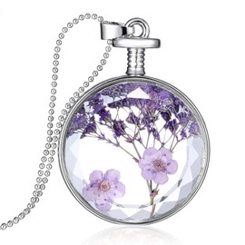 Dry Pressed Flower Necklace, Purple Lavender Glass Necklace Handmade Round Pendant Necklace for Women