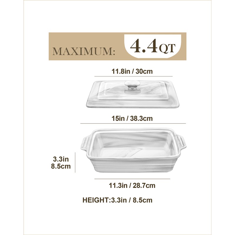 MALACASA Large Casserole Dish with Lid, 4.4 Quart Ceramic Baking