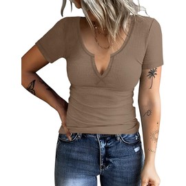 AKEWEI Summer Basics for Women Tee Shirts Womens Cute Short Sleeve Tops for Women V Neck Womens Tops Tunic Tops Fashion Tops 2024 Khaki L