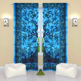 THE ART BOX Indian Window Drapes Set of 2 Tapestry Curtains Hanging Valances for Room Divider (Turquoise Tree, 80x82 Inches or 203x210CM)