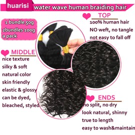 Huarisi Bulk Human Hair for Braiding Water Wave Human Braiding Hair Micro Braids 18 Inch Water Curly 100% Unprocessed Brazilian Human Hair No Weft (100 g, 1 Pack - 50 g x 2 Bundles)