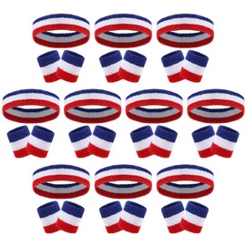 Samoyee 30 Pcs Sweatbands Wristbands Set 4th of July Absorbent Terry Cloth Headbands Wristbands Neon Color Striped 80s Athletic Sweatbands for Sports Gym Exercise (Red White Blue Stripe)