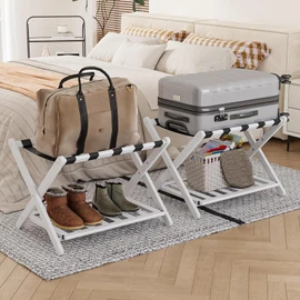 Smart FENDEE 2 Packs Fully Assembled White Luggage Racks with Shoe Shelf, Folding Suitcase Stand with 5 Straps, Wooden Luggage Stand Ideal for Guest Room, Bedroom, Hotel