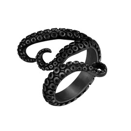 U7 Punk Squid Kraken Ring for Men, Retro Black Stainless Steel Wrap Ring Size 11 Full Finger Sea Monster Ring Octopus Jewelry