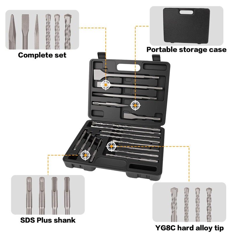 Gickbusus 17 PCS Rotary Hammer Drill Bits and Chisel Set,