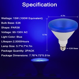 LED Par38 Blue Light Bulb 2 Pack - 15W (100 Watt Equivalent) - E26 Base Blue LED Lights, Party Decoration, Porch, Home Lighting, Holiday Lighting, Blue Flood Light Bulb, Colored Light Bulb (Blue)