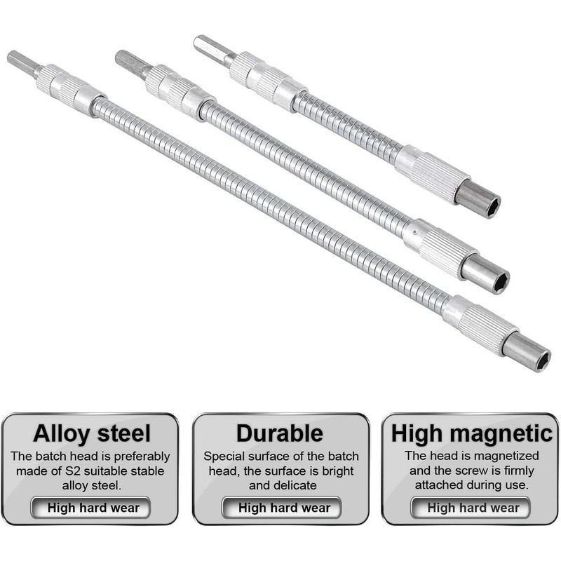 HOHXEN 3-Piece 30CM Flexible Socket Extension Bar Set, 1/4" Drive,