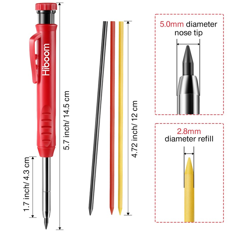 Hiboom 2 Pack Solid Carpenter Pencil with 14 Refill, Long