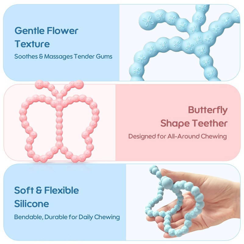2 Pack Baby Teething Toys 3-6 6-12 Months, Silicone Butterfly