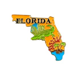 Florida State Map Enamel Pin, Orange and Blue Design with Alligator and Palm Tree, 1 Inch Decorative Lapel Pin