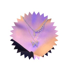 Yheakne Boho Butterfly Layered Necklace Silver Cross Pendant Necklace Punk Curb Chain Choker Necklace Vintage Religion Necklace Chain Jewelry for Women