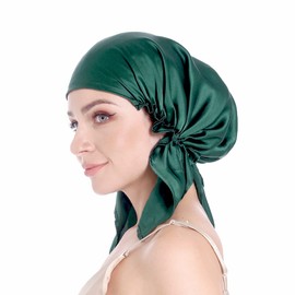 100% Silk Bonnet for Sleeping, Hair Bonnet with Tie Band, Large Silk Sleep Cap for Curly Hair, Silk Hair Wrap for Hair Care, Emerald