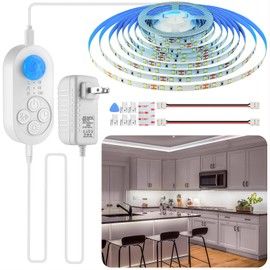 GOOMEEYA Motion Sensor Under Cabinet Lights Plug-in LED Strip Lights Indoor Cold White 6000K Super Bright 2000lm with 12V Adapter, Dimmer and Timer for Kitchen Cabinet, Shelf, Wardrobe, Stairway…