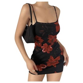 Verdusa Women's Floral Y2K Mini Dress Vintage Flower Sundress Cami Short Bodycon Going Out Dresses Black and Red Medium
