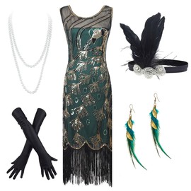 20's Vintage Peacock Sequin Fringed Party Flapper Dress Costume Accessories Set Green