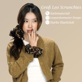 PUSCOBSY Satin Haargummi für Damen, Stoff Leopardenmuster Haargummis Scrunchie Ohne Haarbruch, Groß Leo Scrunchies für Dickes Haar Dünnes Haar, Schwarz