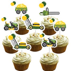 Sursurprise 24 Pieces Lawnmower Birthday Cupcake Toppers, Green Tractor Cupcake Toppers for Boys, Lawnmower Birthday Decor, Farm Themed Parties Tractor Time Party Supplies